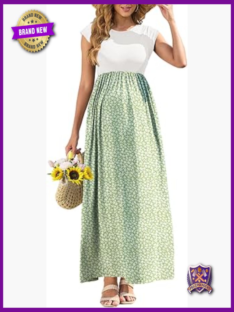 Casual Maternity Printed Dress With Pockets Cap Sleeve A-Line Maxi